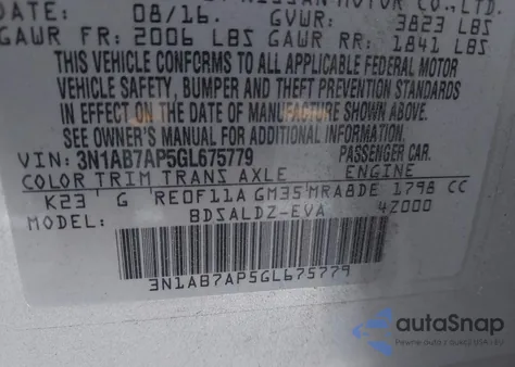 2016 Nissan Sentra Sv z USA, uszkodzony, nr VIN 3N1AB7AP5GL675779